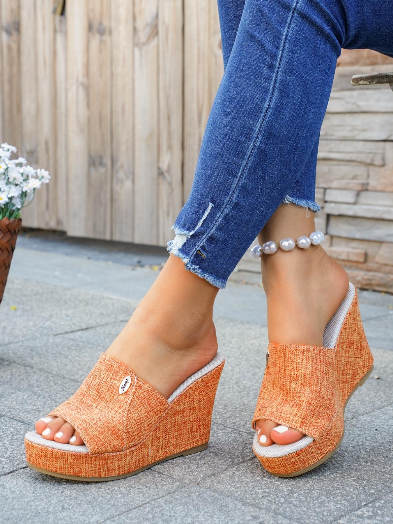 Women's Casual High Heel Sandals, Fish Mouth Open Toe Slip-On Summer Vacation Style, Textile Fabric Wedge Shoes