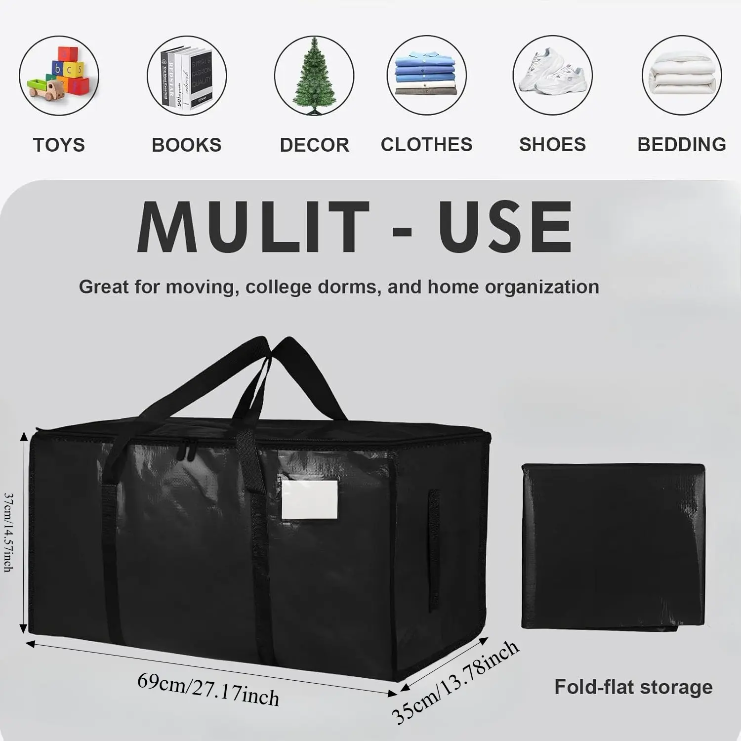 1 Pack Extra Large Heavy Duty Moving Bags, Waterproof Storage Tote Bags with Handles & Zippers, Foldable Organizer for Travel, Christmas Tree & Dorm Storage