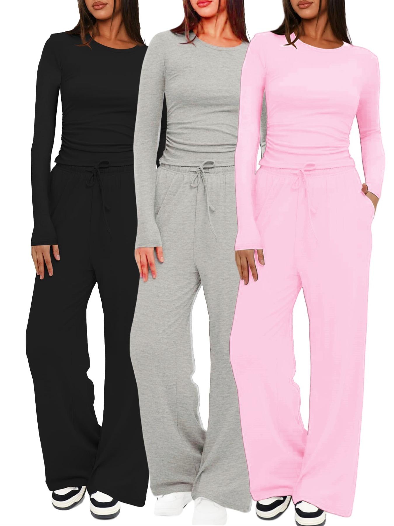 Women's 2-Piece/6-Piece Plain Slim-Fit Long Sleeve Top Pants Sleepwear Set, Pajama Set, Soft Comfortable Homeewear, Home Leisure Wear, Casual Yoga Wear, Loungewear, Loungewear Nightwear Set