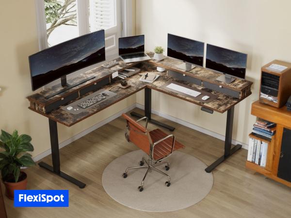 FLEXISPOT L-Shaped Electric Standing Desk with 4 Drawers & USB Charger Adjustable Height  for Home Office Gaming Height Adjustable Home Office Corner Desk with Monitor Shelf