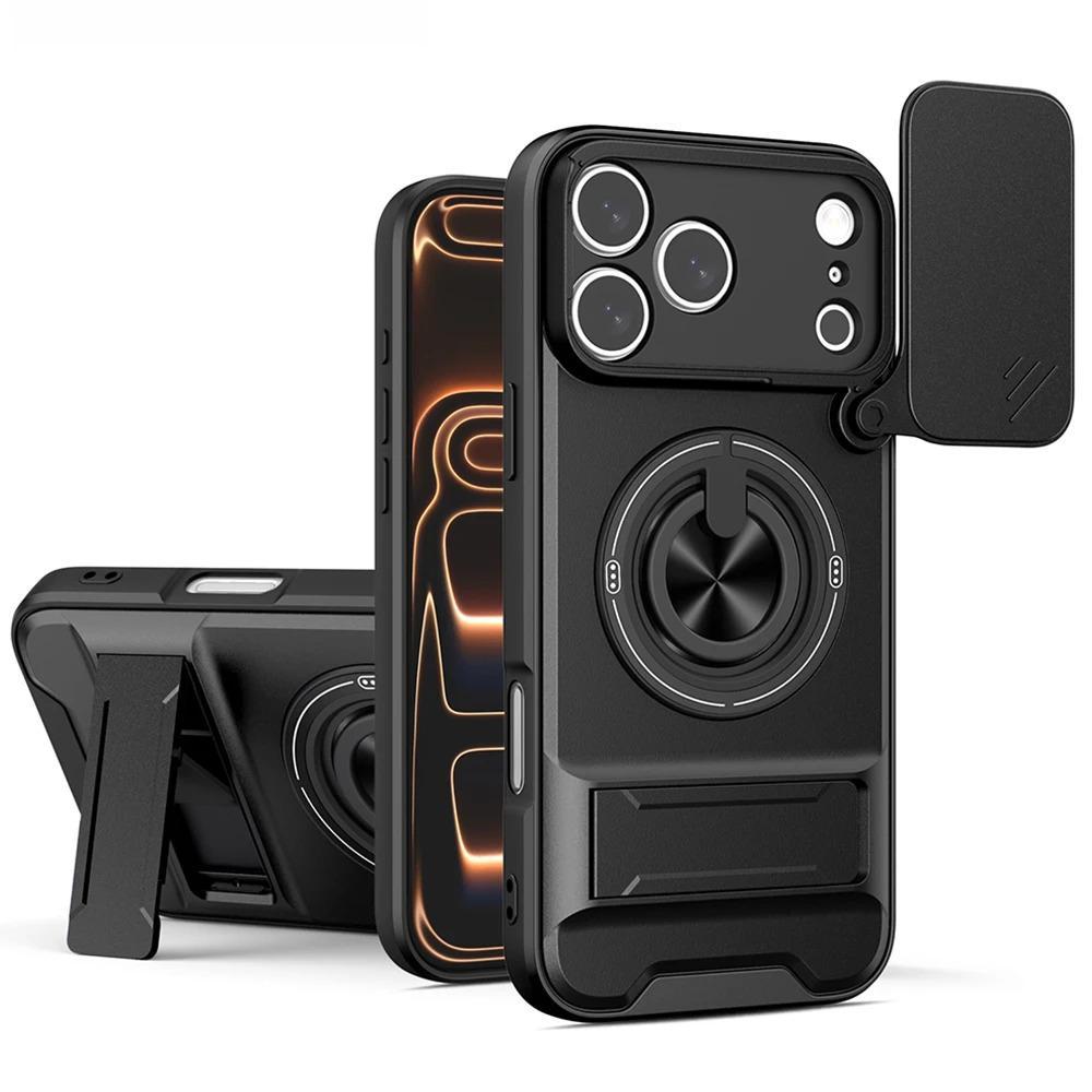 Phone Case: 3pcs Set[1 Phone Case+2 Screen Protectors] Luxury Multi-Functional Creative Push Window Rotating Ring Stand Phone Case Compatible with iPhone 17 16 15 14 13 12 11 Pro Max Plus Durable Fashion Magnetic Wireless Charging Shockproof Lens