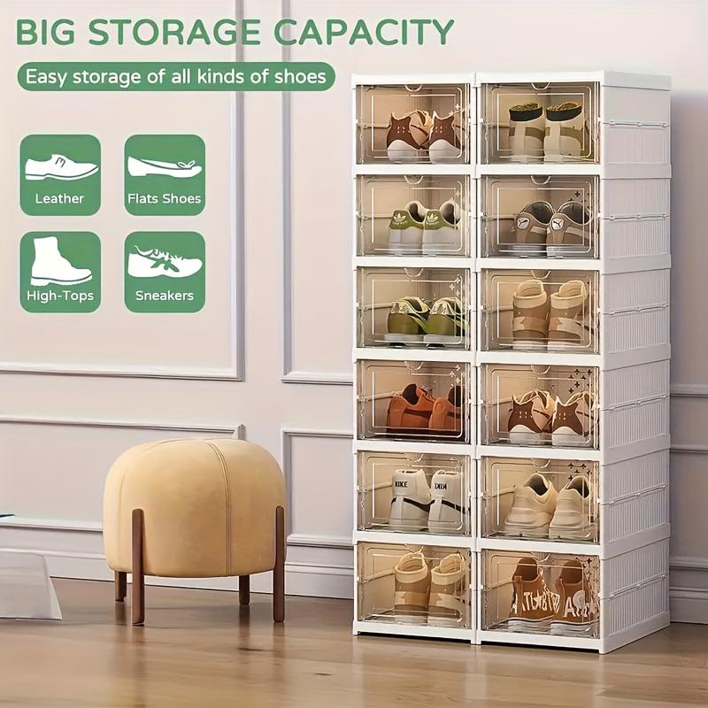 3-Tier Foldable Shoe Storage Cabinet, Clear Stackable Shoe Organizer with Flip Doors for Sneakers, Closet & Entryway