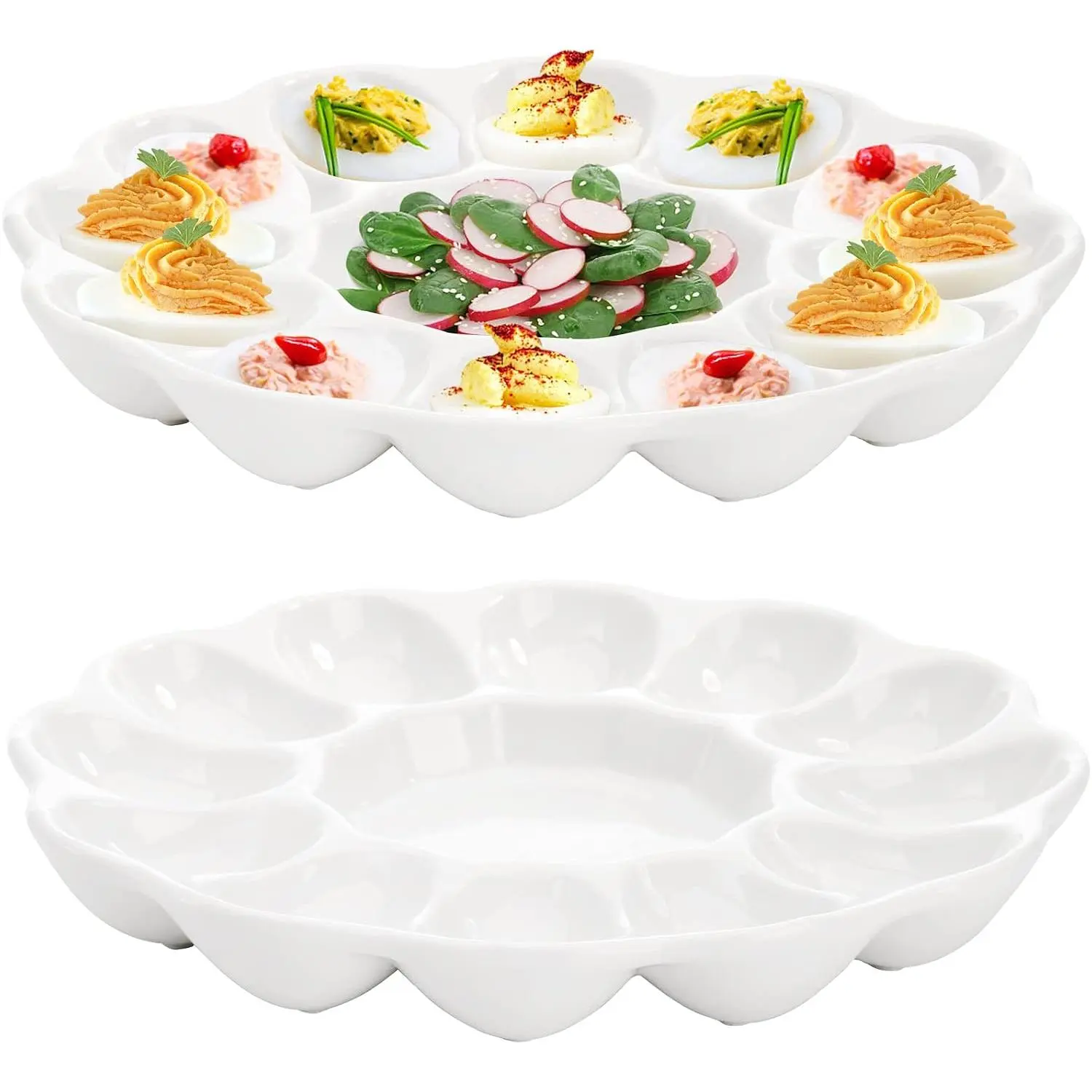 2-Pack Ceramic Deviled Egg Platter Tray, 12-Cup Egg Dish, Refrigerator to Countertop Display, Dishwasher, Microwave, Freezer Safe