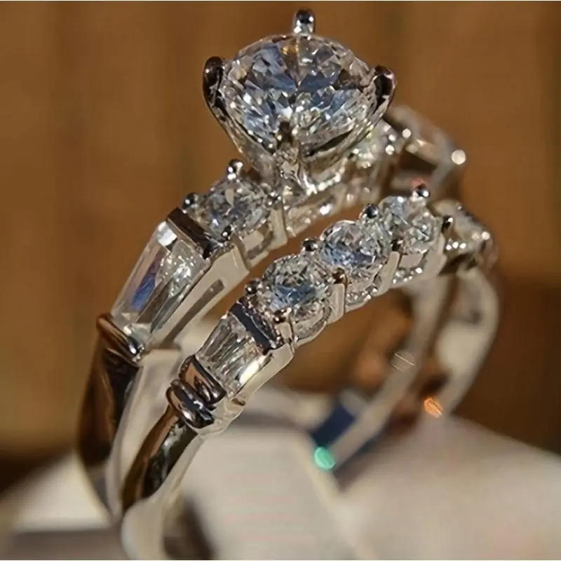 Women's Engagement Wedding Ring Two-Piece Set, 4.4 Gram Silvery Inlaid with Cubic Synthetic Zirconia, Luxurious Round Gemstone, Suitable for Daily Wear and Weddings, April Birthstone, Synthetic Cubic Synthetic Zirconia, Festive Gift