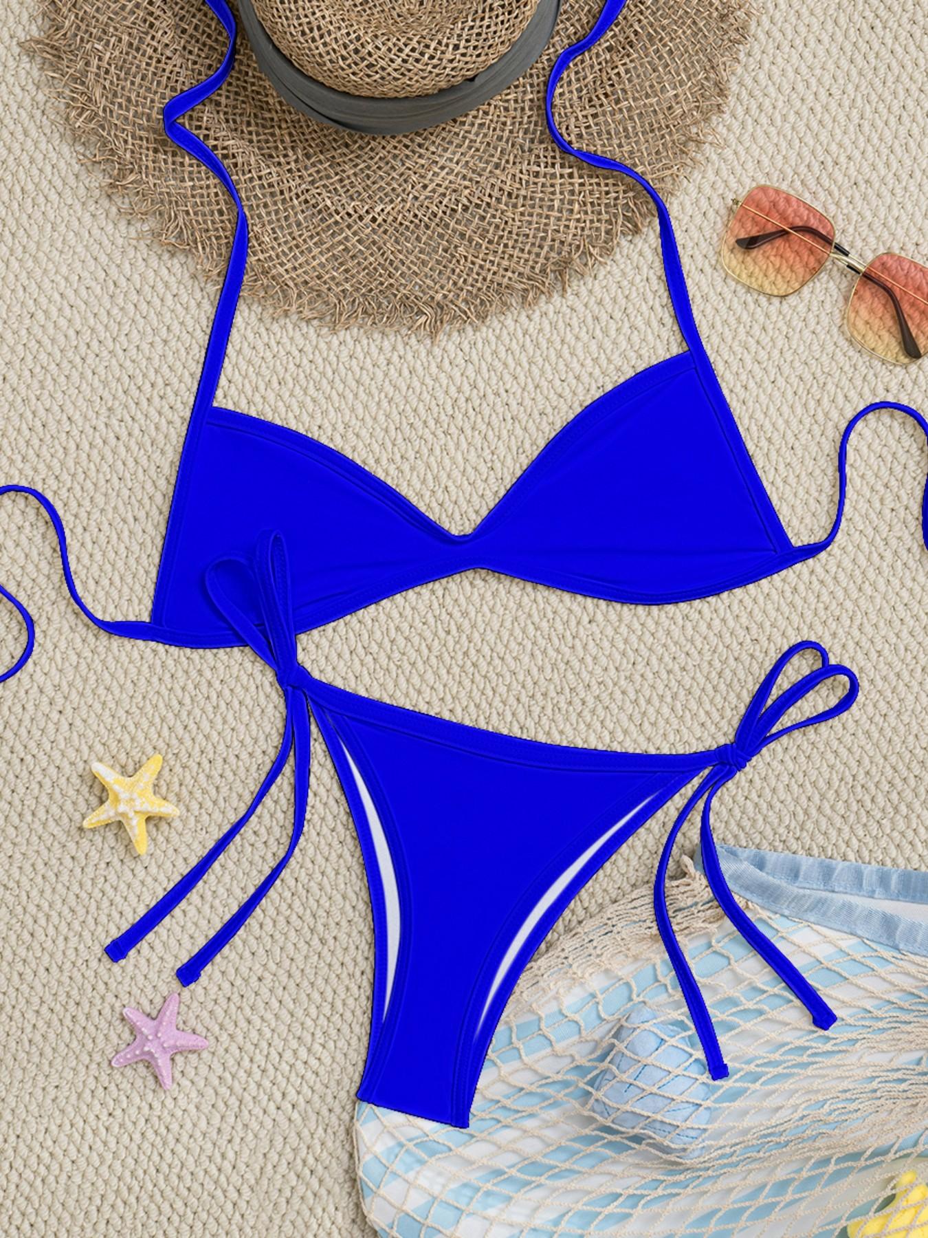 Women's Two-piece Plain or Colorblock Bikinis Set for Summer, Halter Tie-Back Bikini Top & Tie-Side High-Cut Bikini Bottom, Ladies Summer Swimwear for Beach Holiday