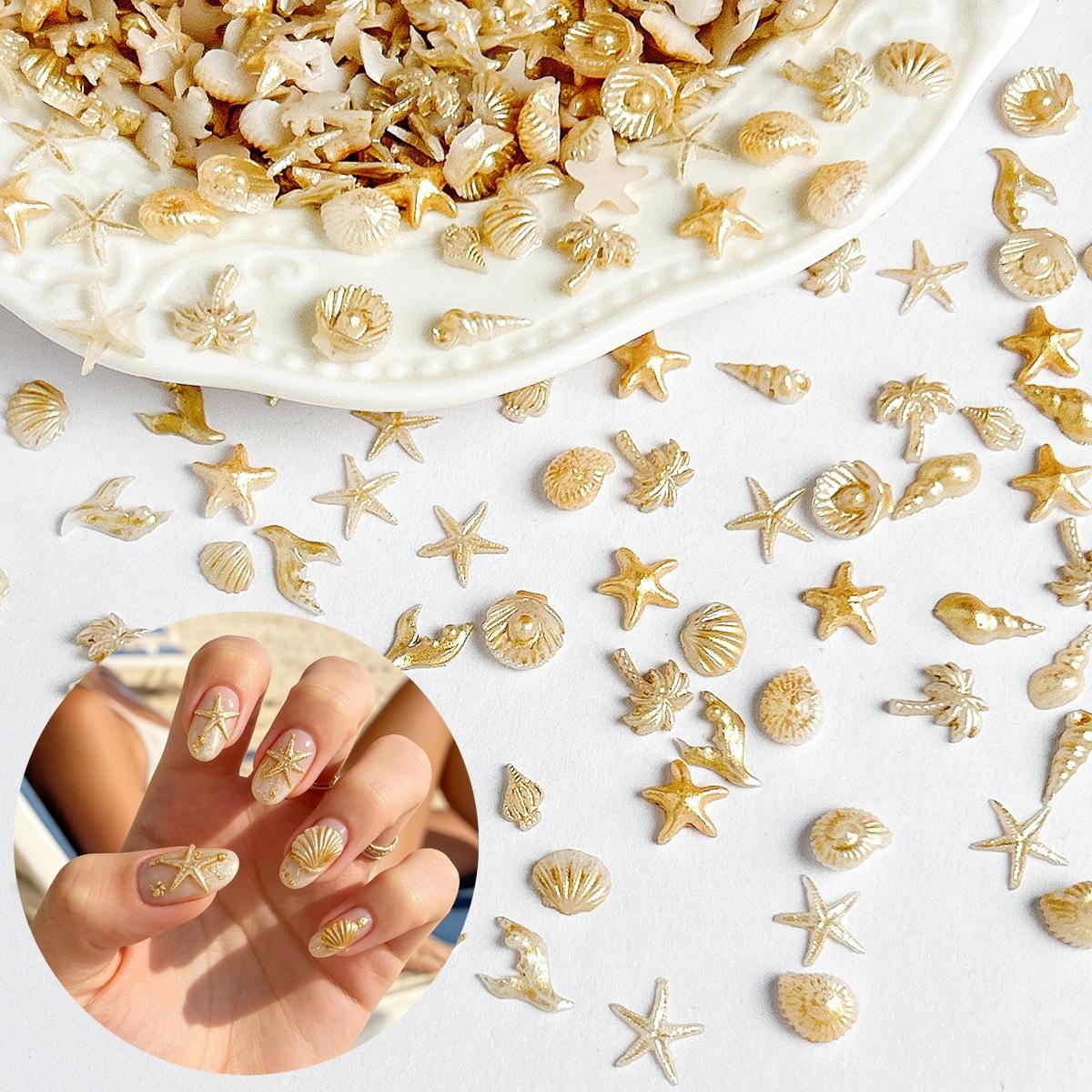 120PCS Multi-style Creative Ocean Series Resin Nail Charms 3D Champagne Color Shell Conch Starfish Fish Tail Summer Beach Nail Decorations DIY Necklace Clothing Nail Art