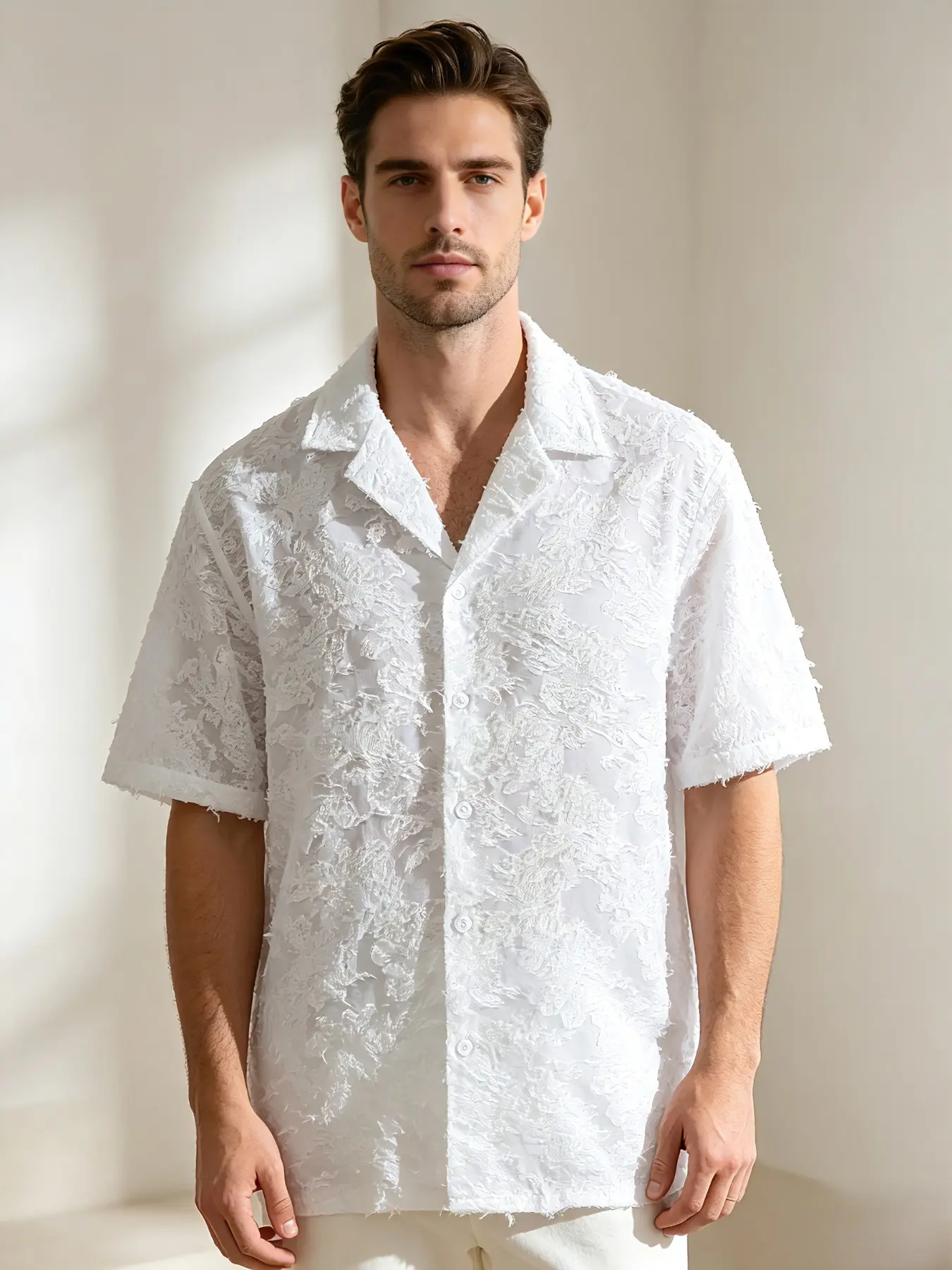 Trendy Sexy Mesh See-Through Men's Casual Loose Fitting Short Sleeve Shirt, Casual Stylish Clothing, Fashion Breathable Suit Collar Open Front Blazer, Perfect for Summer Beach Parties