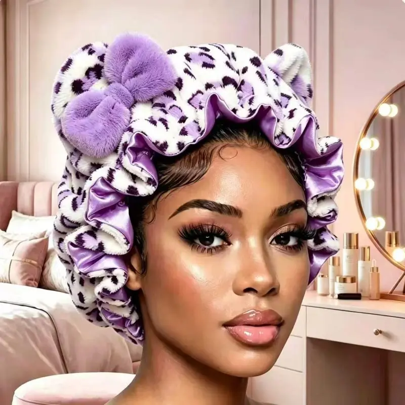Women Satin Lined Sleep Bonnet, Fuzzy Leopard Print Hair Bonnet with Fluffy Purple Bow, Soft Plush Night Hair Wrap Protector, Adjustable Hair Cover for Sleeping, Night‑Routine & Daily Hair Care at Home