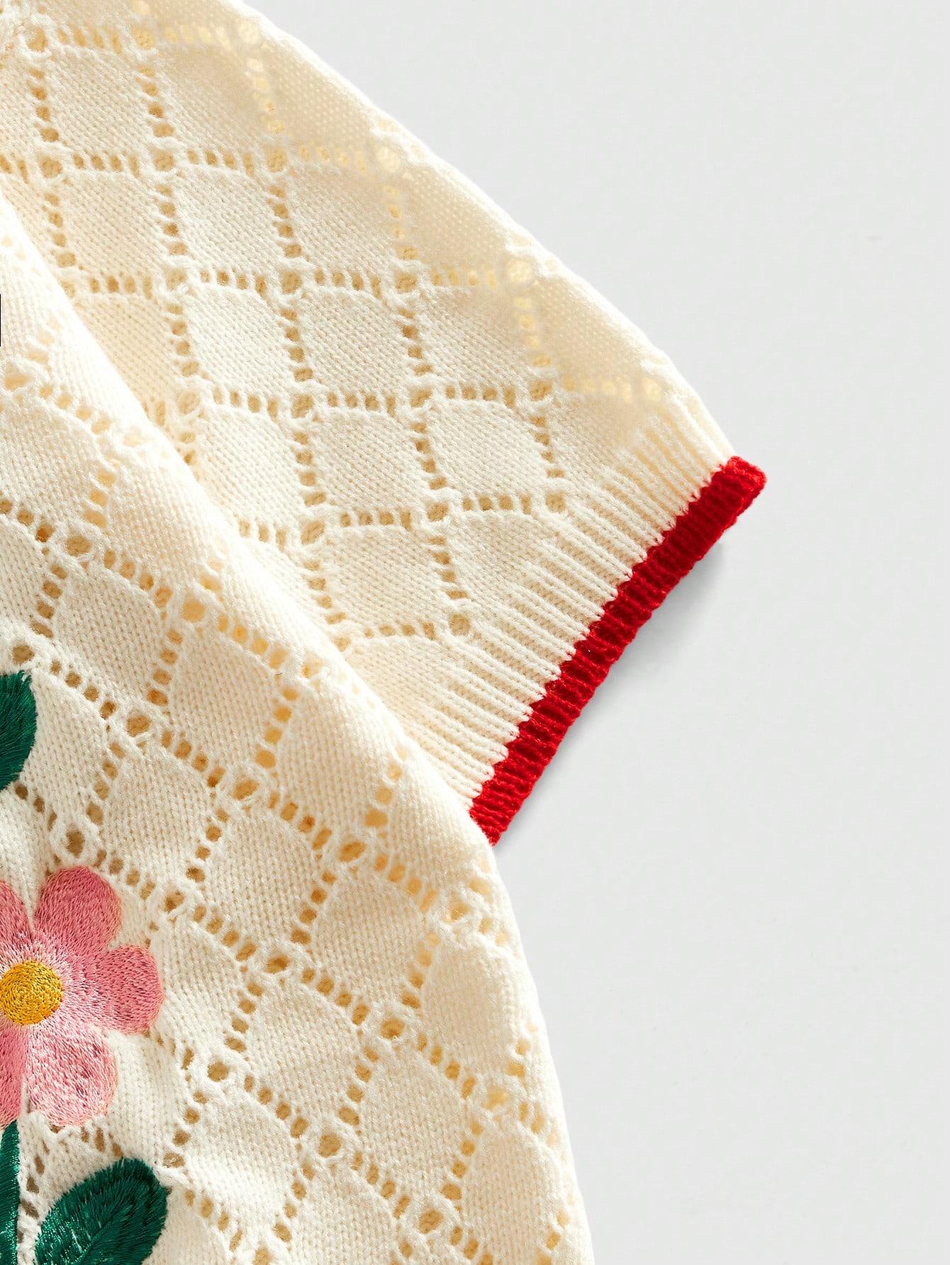 Men's Knitted Short Sleeve Cardigan, Color Block Edges & Floral Embroidery Design, Casual Hollow Out Style, Y2K Fashion for Daily Wear