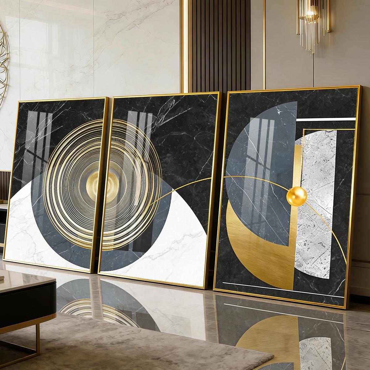 3 Counts Aluminum Alloy Framed Painting, Geometric Abstract Gold And Marble Art, Home Decoration For Living Room, Bedroom, Office, Restaurant, Hallway Wall Decor, Odorless Print Artwork, Luxury Perfect Gift For Friends And Family
