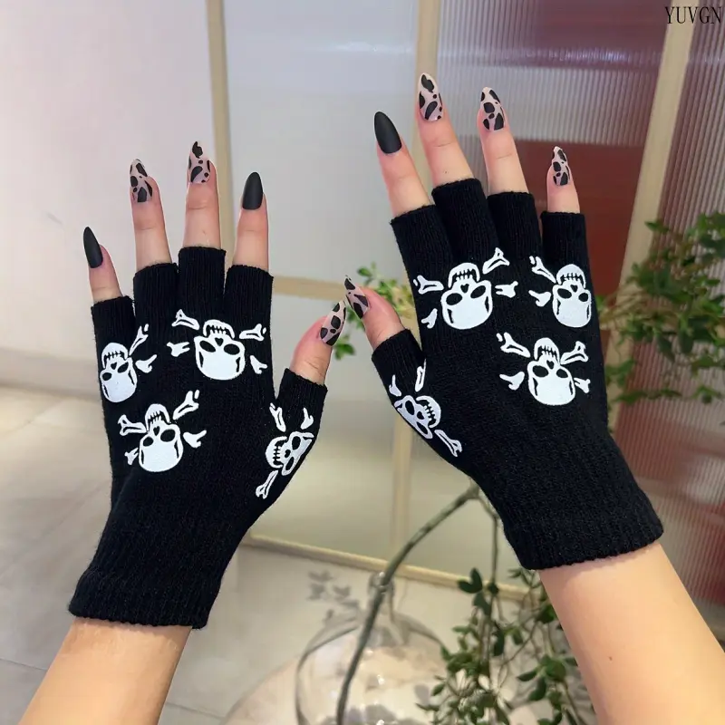 Unisex Knit Fabric Skull-Skeleton Print Fingerless Sports Gloves, Gothic Hand Warmers, Fashion Accessory for Halloween Costumes, Street Outfits, Half Finger