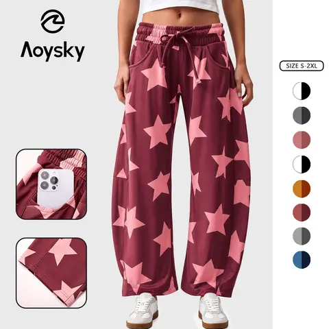 Aoysky Women's Star Print Knit Jogger Bottoms, Elastic High-Waist Adjustable Drawstring Baggy Streetwear Pants, Casual Side-Pocket Loose-Fit Ankle-Cuff Lounge Trousers for Back to School Outfits