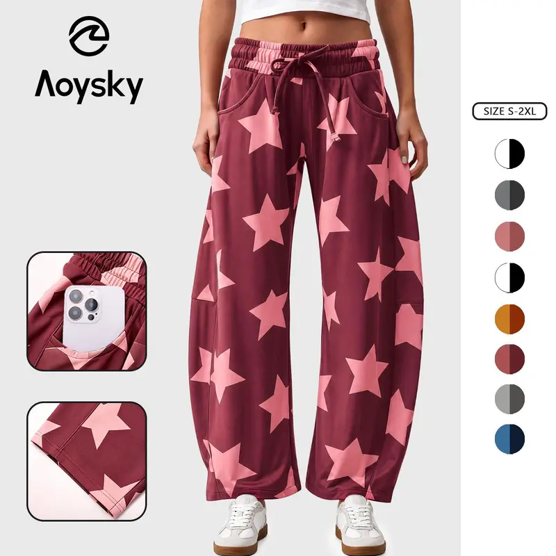 Aoysky Women's Star Print Knit Jogger Bottoms, Elastic High-Waist Adjustable Drawstring Baggy Streetwear Pants, Casual Side-Pocket Loose-Fit Ankle-Cuff Lounge Trousers for Back to School Outfits