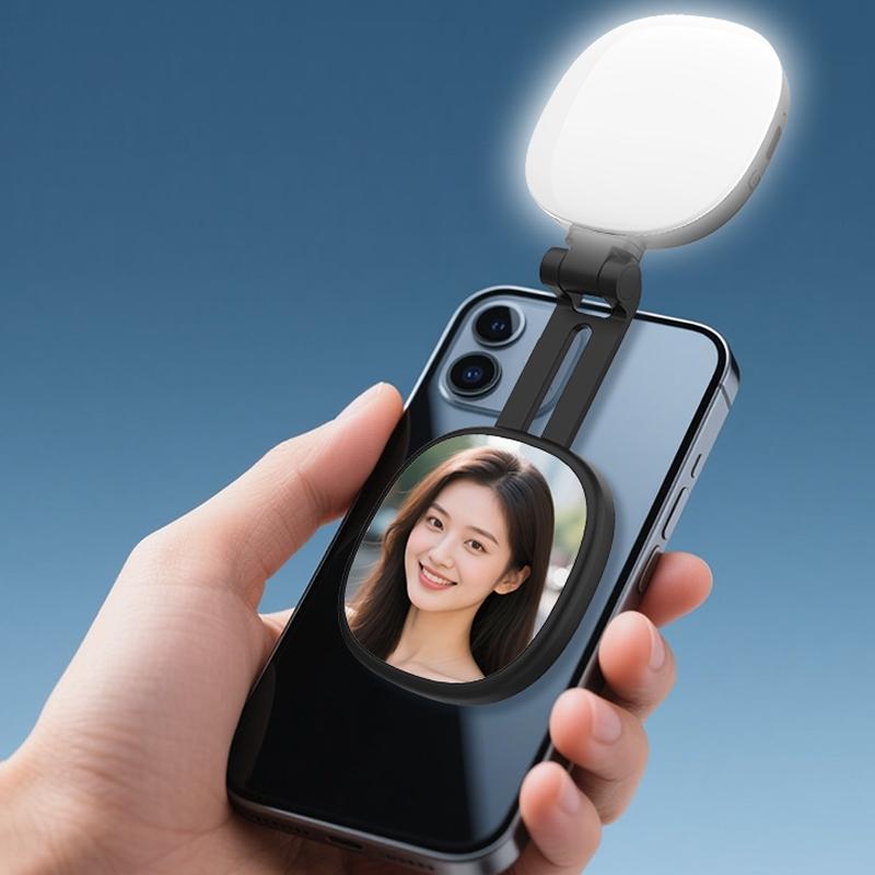 Magnetic Selfie Light for Phone with Mirror, Retractable Foldable Pocket Size Portable Mini Ring Light for Phone, Dimmable Fill LED Phone Light, Selfie Led Lights for Video Recording/Live Streaming/Makeup/Vlog