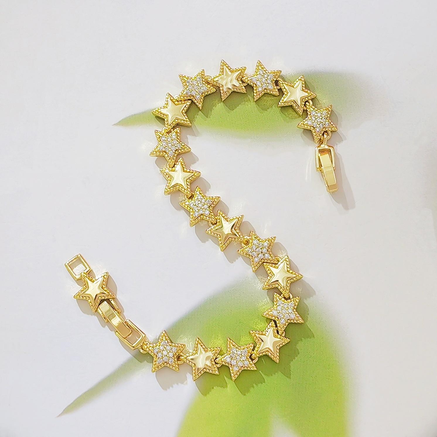 Women's 18 Karat Gold-Plated Star Tennis Bracelet, Dainty Sparkling Cubic Zirconia Link Chain, Celestial Eternity Jewelry, Elegant Wedding Charm, 7.48 in Birthday Christmas Gift for Her