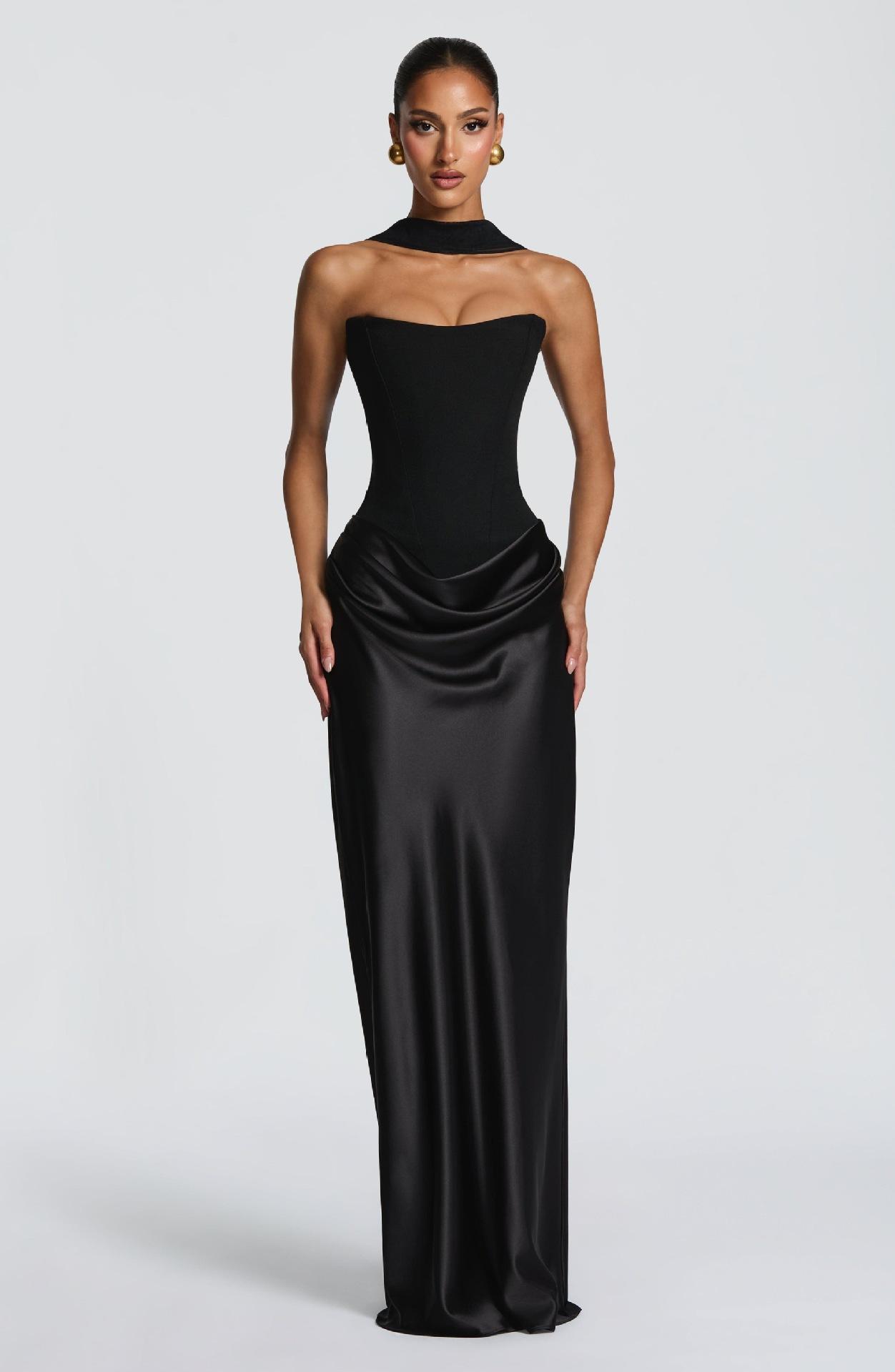 2026 European and American new style solid color waist-cinching sexy strapless bodycon long dress satin tie-back dress with ribbons