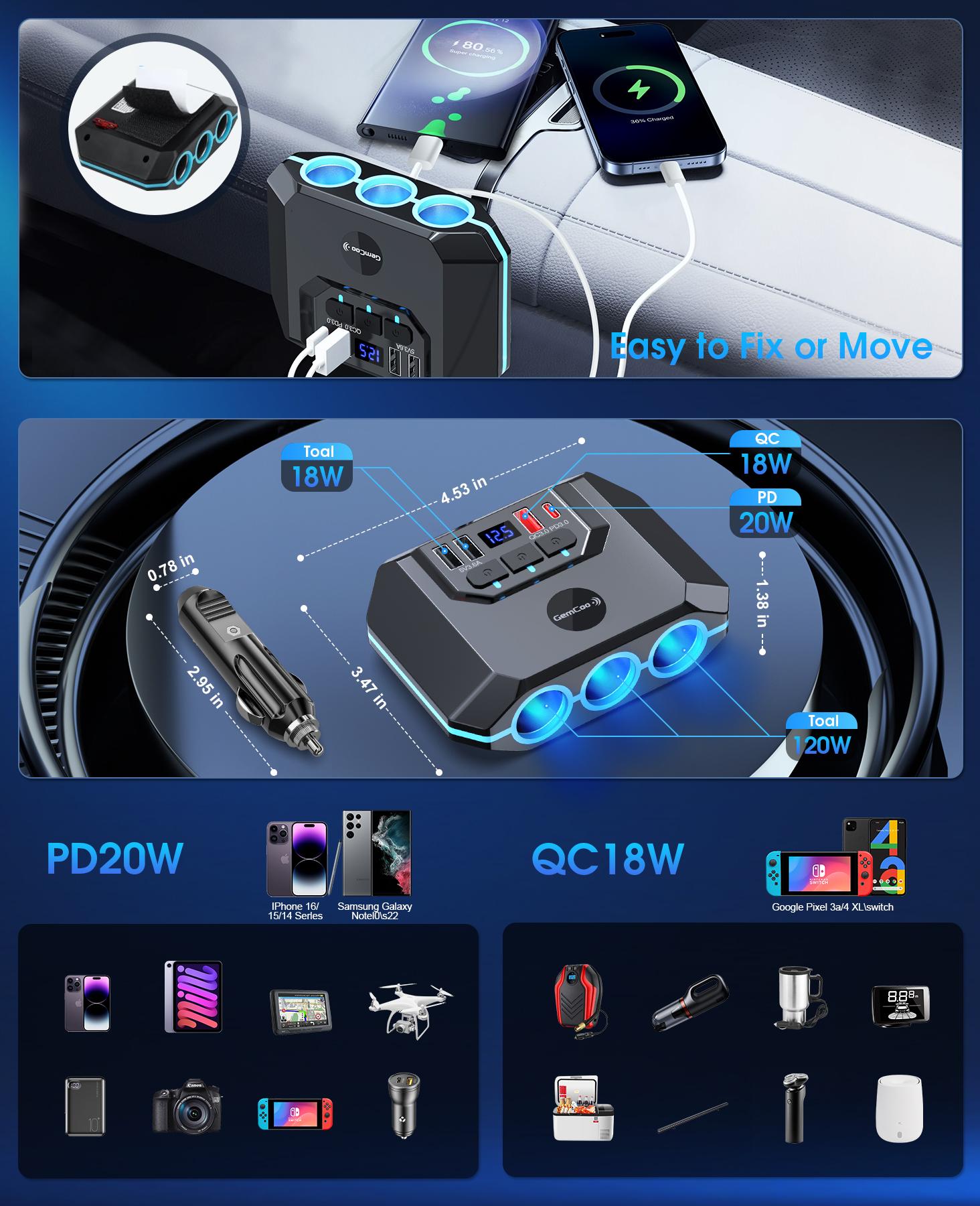 QC3.0 and PD Car Cigarette Lighter Adapter Splitter easy fix, 120W, 3 Sockets+4 USB include 2 Quick Charge Ports, LED Voltmeter, Independent Switches, 30in Cable, Easy Fix and Move, Suitable for 12V-24V Vehicles.