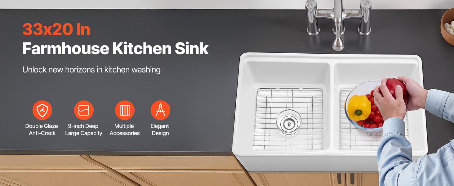 VEVOR 33x20 inch Farmhouse Sink, White Sink Workstation, Fireclay Undermount Basins, Apron Front Double Bowl Basin with Multiple Accessories, Large Capacity Household Dishwasher Sinks for Kitchen