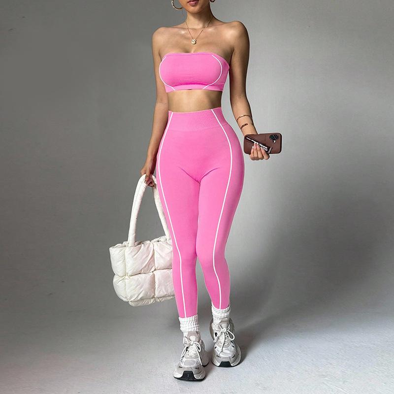 New yoga outfit for women, color-blocked bustier top, peach butt slim-fit long pants, fitness sportswear