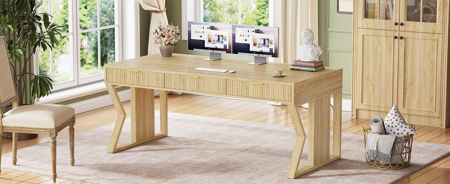 SEDETA 55" Executive Office Desk with 3 Drawers, Home Office Desk with Storage Drawers, Computer Writing Desk Study Table, Natural Oak