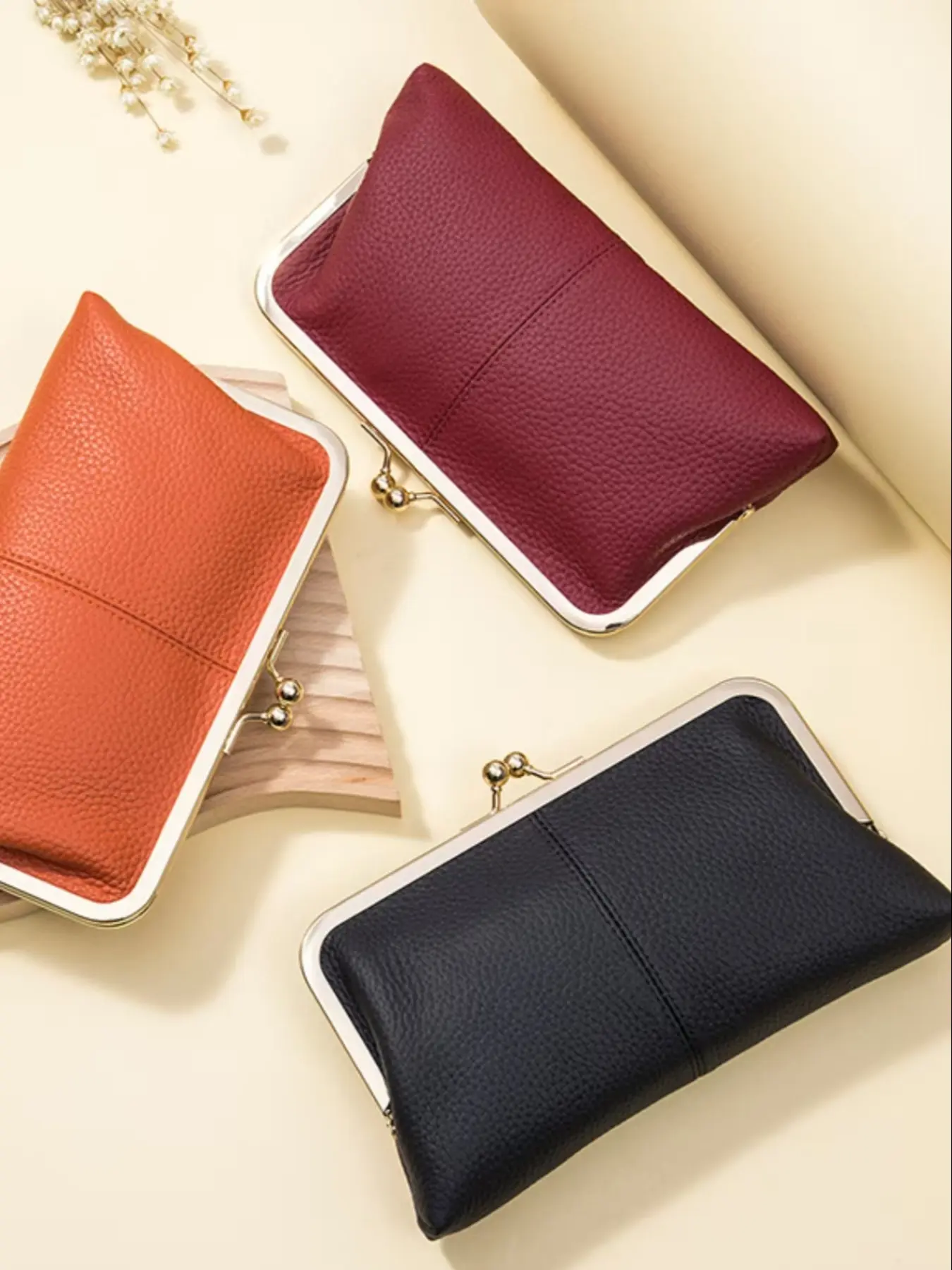 Bagger Rfid Kiss Lock Wallet for Women, Genuine Leather Handbag, Multiple Card Slots, Single Color Card Holder, Fashion Accessory