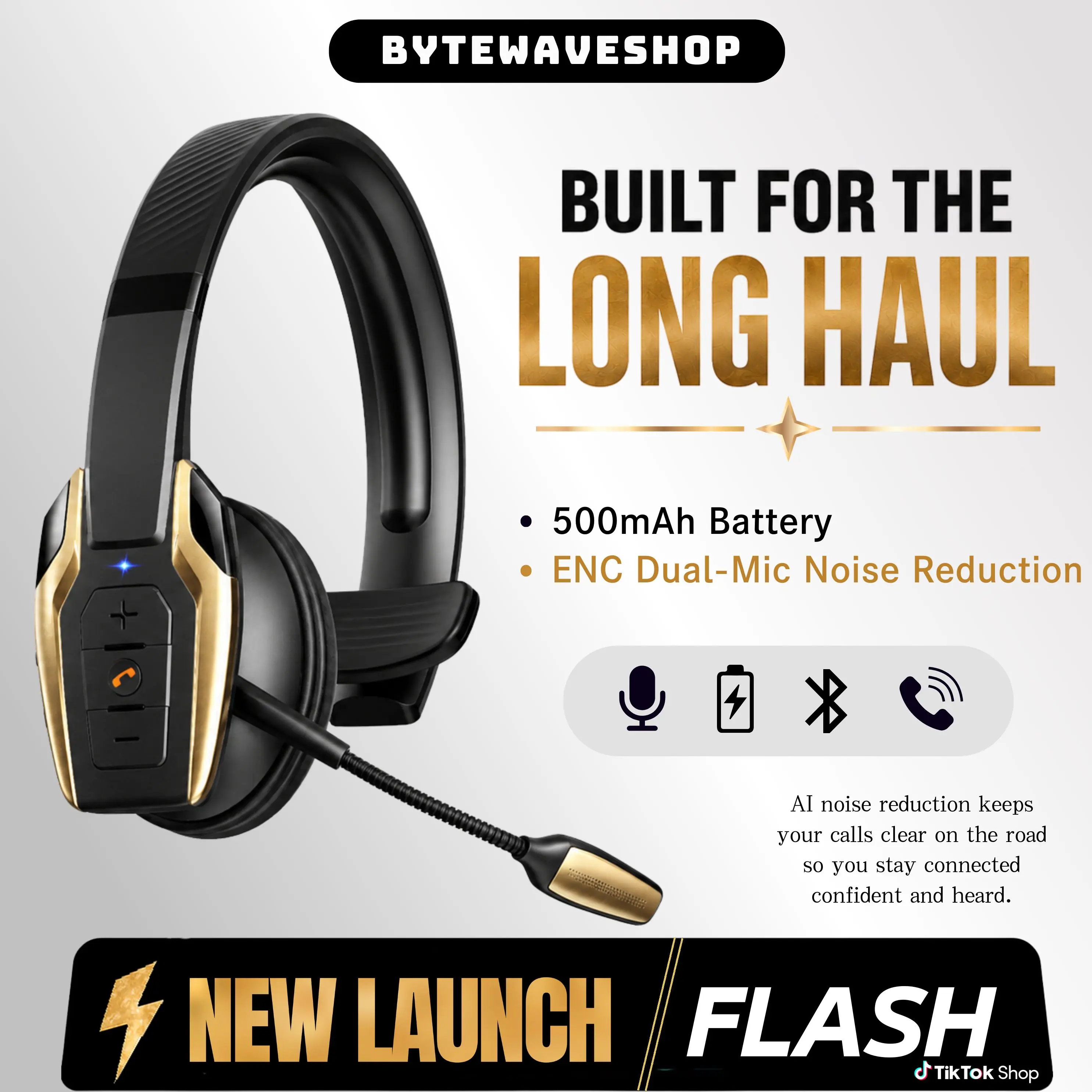 ByteWaveShop Gold Trucker Bluetooth Headset with Mic, Bluetooth 6.0 Wireless Headset with ENC Noise Cancelling Microphone, Mute Button, 58H Playtime, 270° Flexible Boom Mic for Truck Drivers