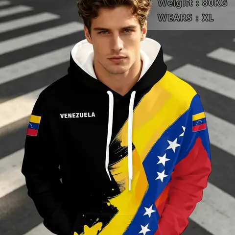 Men's 3D 'Venezuela Letter Print' Graphic Pullover Hoodie, Long Sleeve, Casual Hoodie Pullovers, Elastic Fabric, Knit, Comfortable Spring & Fall Wear, Fitted Style, Casual Print Clothes, Menswear