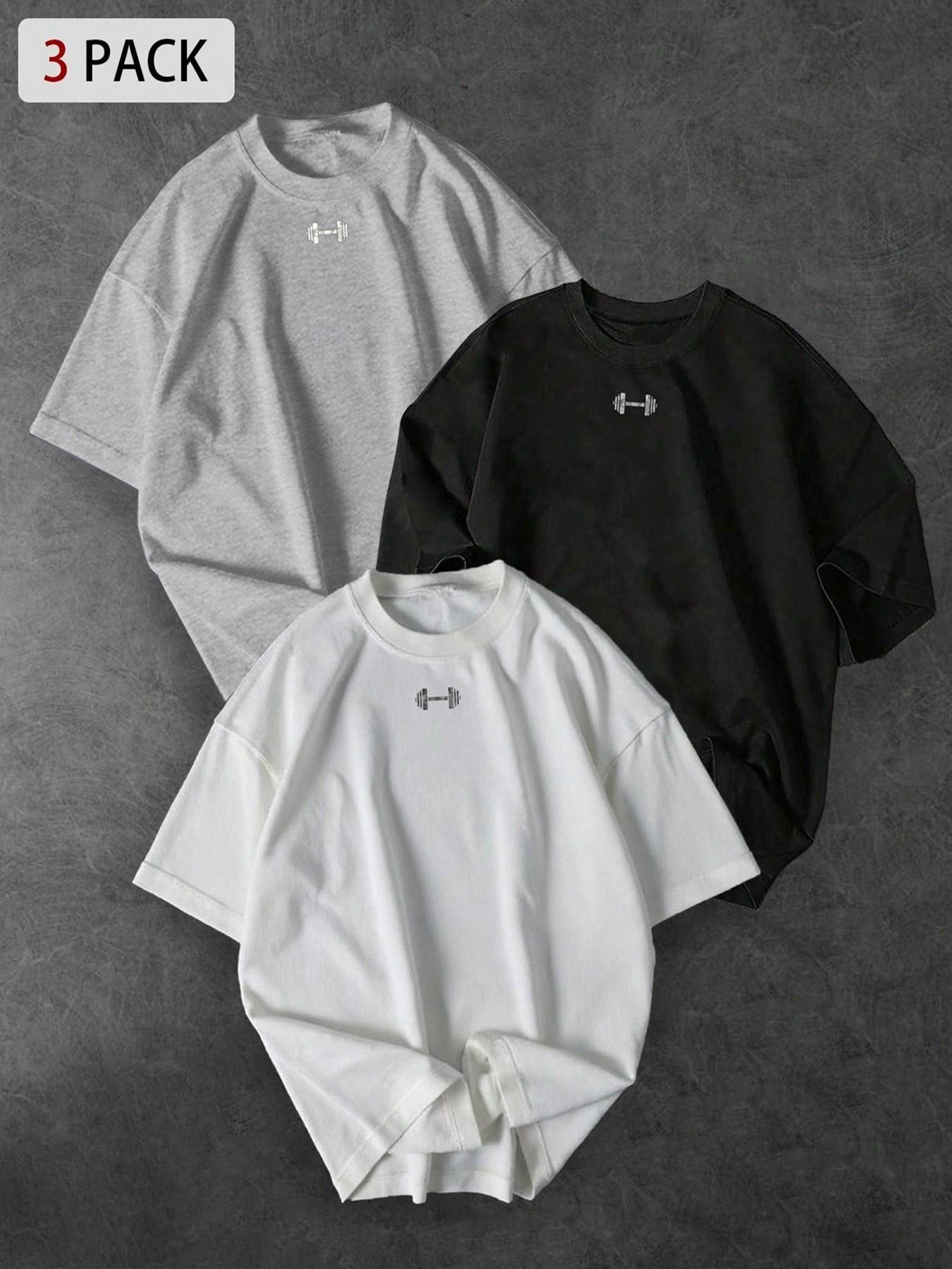 3-Pack Unisex Oversized T-Shirts with Small Dumbbell Chest Print, Minimalist Streetwear for Gym Enthusiasts and Casual Everyday Wear