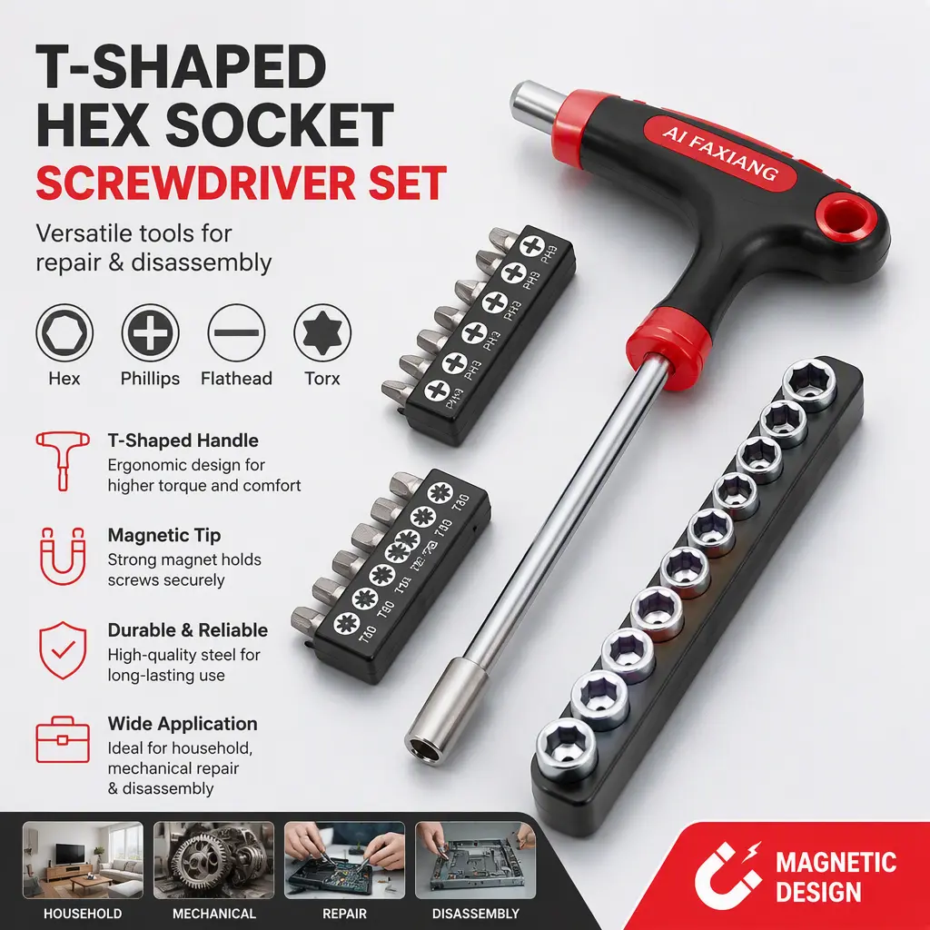 T-Shaped Hex Socket Screwdriver Set with Hex Bits, Phillips, Flathead, Torx Tools for Household Mechanical Repair & Disassembly