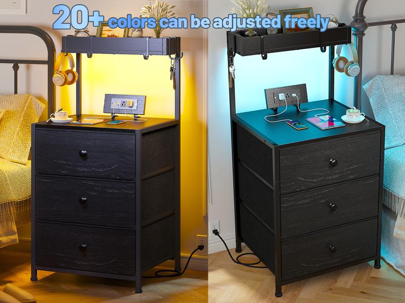LED Nightstand Set of 2 with 3 Fabric Drawers & Shelf & Hooks, Tall Nightstand with LED & Power Outlet , End Table with Charging Station, Bed Side Table for Bedroom Furniture, White, Black, Rustic Brown