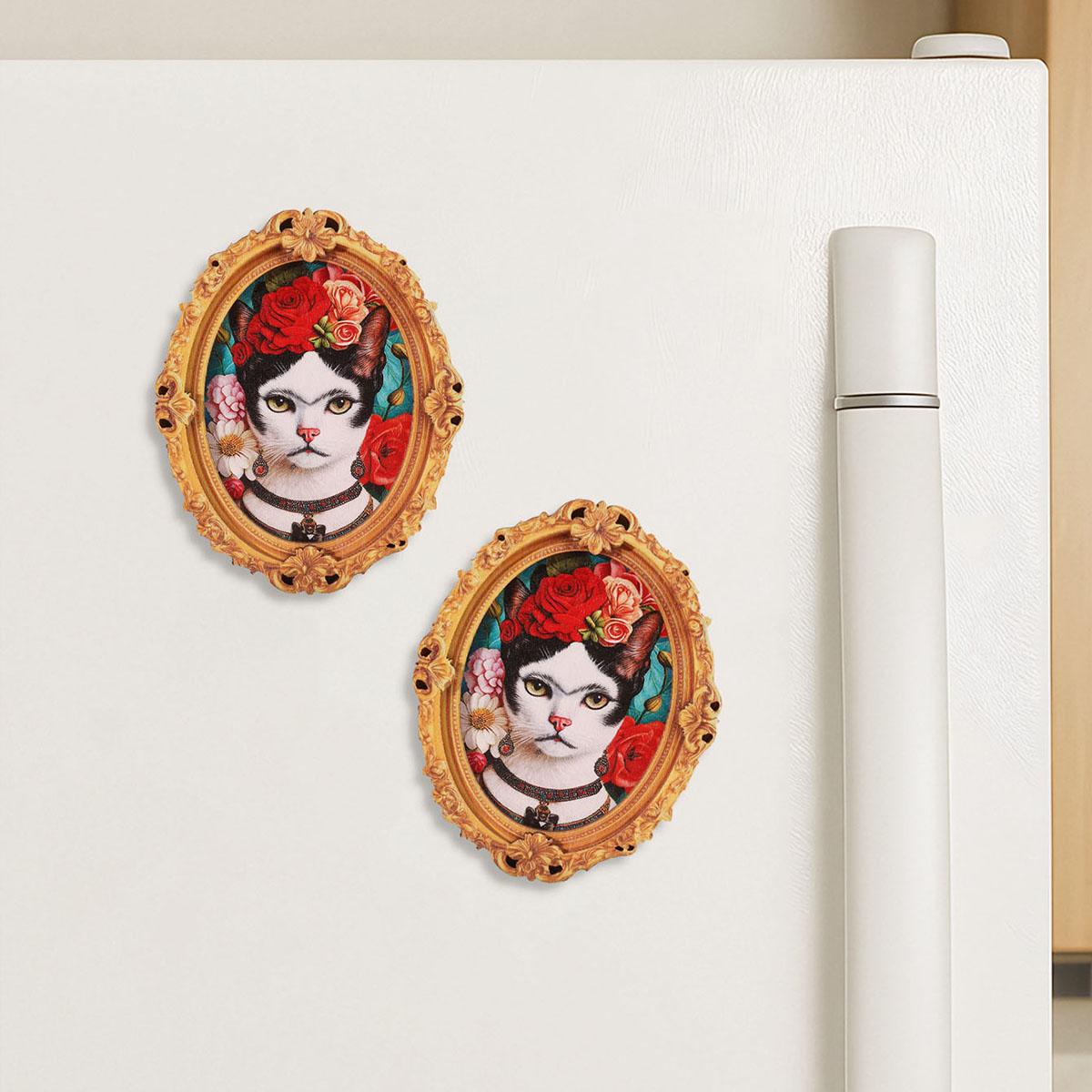 1PC Vintage Cat Art Floral Kitchen Magnetic Fridge Magnet, Oval Frame Refrigerator Decoration, Elegant Home Decor for Cat Lovers, Perfect Gift Choice