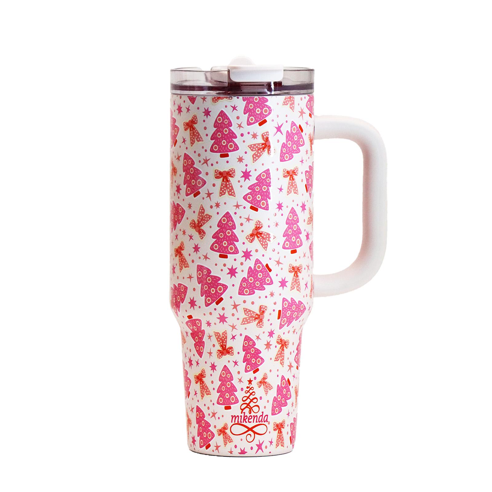 1 Pc 40oz insulated thermal mug with handle, double wall leak-proof vacuum cup, pink Christmas tree and bow pattern, festive cute holiday design, keeps hot 12 h/cold 24 h, large capacity tumbler for hot cold drinks, Thermos Cup, Thermal Flask