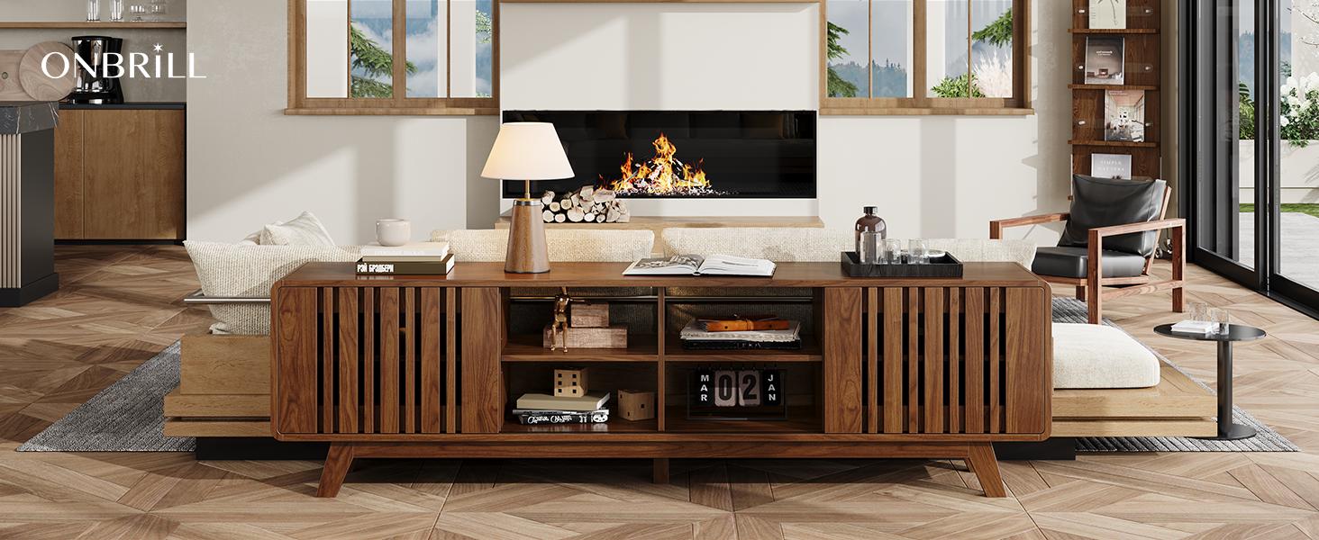 ONBRILL 60/70-Inch TV Stand for TVs up to 80 Inch, Television Stand with Power Outlet, Entertainment Center with Sliding Grille Door Cabinets and Open Shelves for Living Room【BlackFridayDeal】