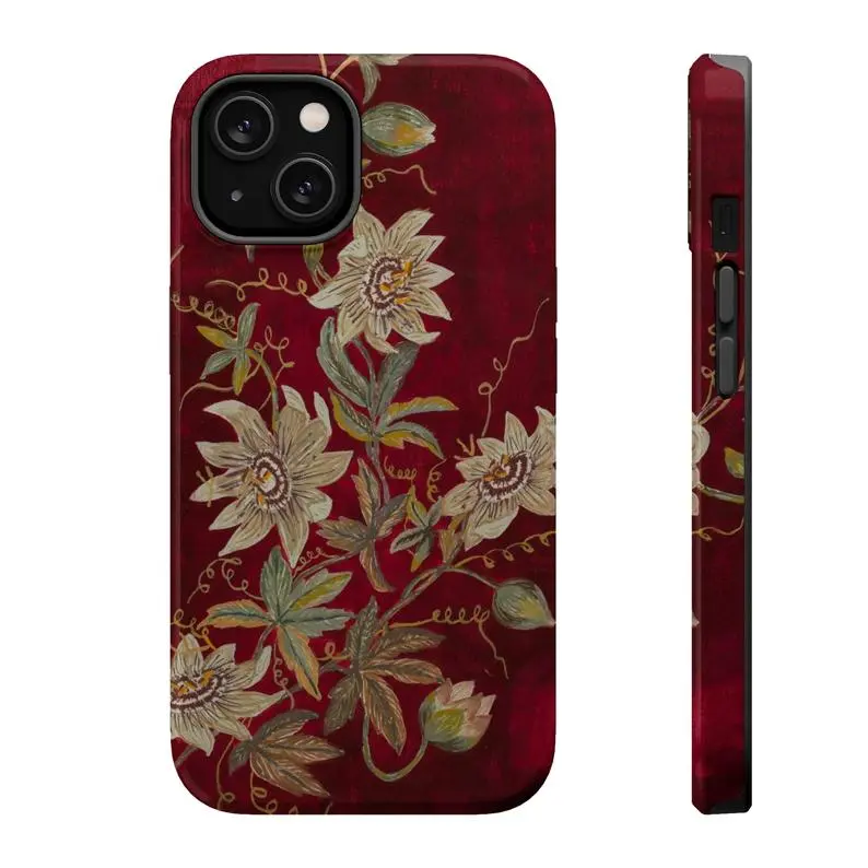 Vintage White Passionflowers Deep Red Tough Phone Case for iPhone 17 ProMax,16 Plus,15,14,13,12,11 - Mobile Phone Accessories, Retro Cover, Gift for Her MFL13