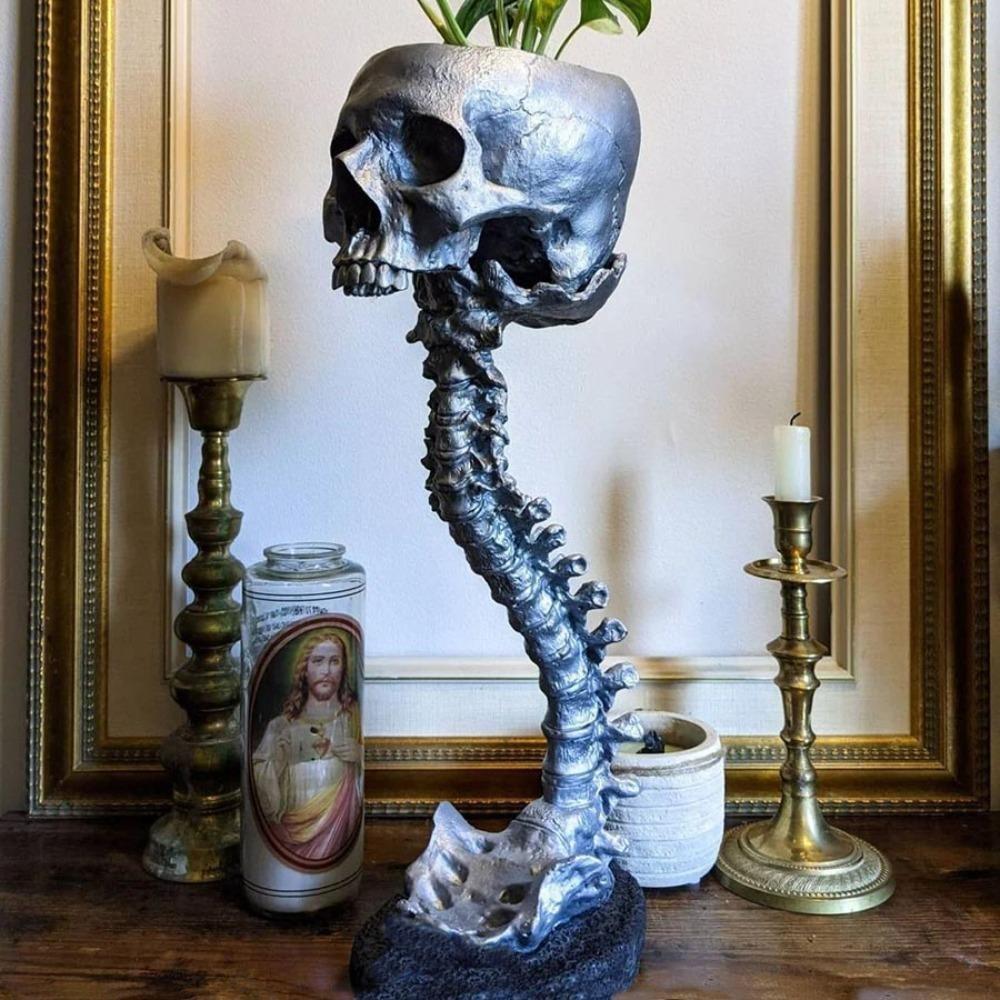 Gothic Spine Skull Planter, Halloween Garden Decor, Resin Craft Ornament, Handmade Gothic Flower Pot, Unique Outdoor Decoration