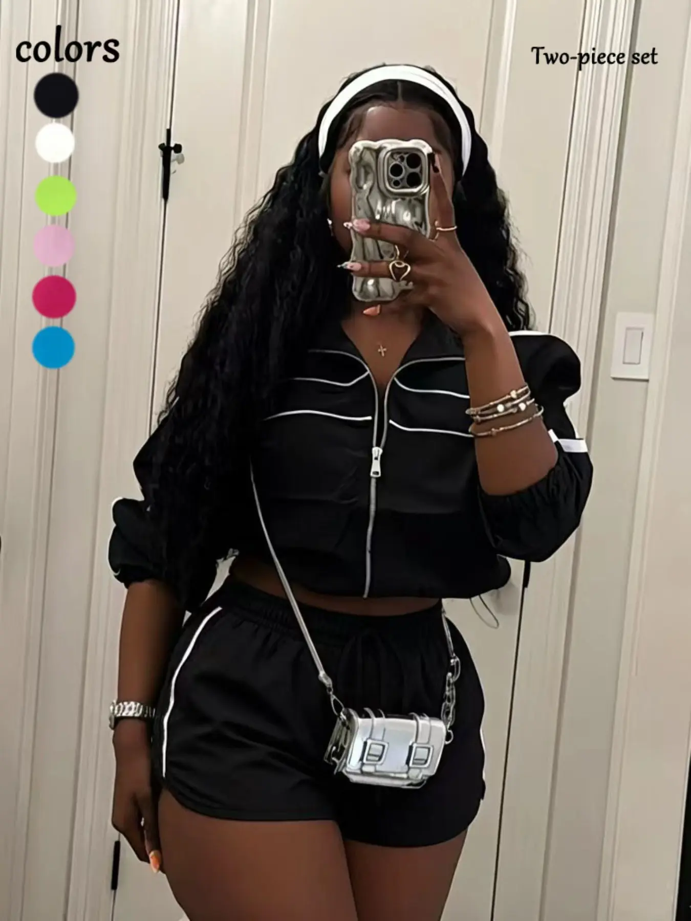 Women's Summer Crop Top Long Sleeve Zipper Colorblock Shirt, Matching Shorts Set, Sporty Two-Piece, Casual Fashion Women's Summer Crop Top Long Sleeve Zipper Colorblock Shirt, Matching Shorts Set, Sporty Two-Piece, Casual Fashion