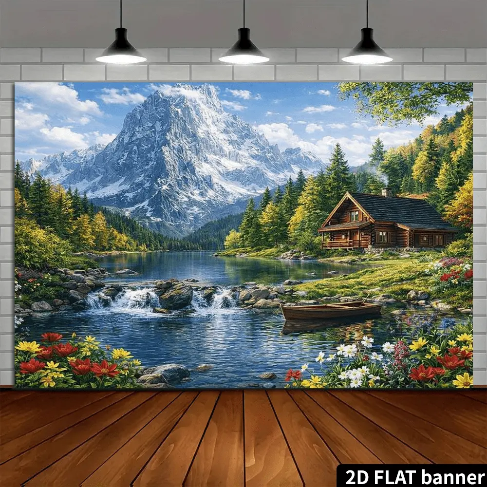 1pc, Snow Mountain Lakehouse Scenery Backdrop, Backdrop Features Majestic Snow Mountains And Blue Sky with White Clouds, Mid-Ground Is Clear Lake And Babbling Brook, Foreground Has Cottages, Small Boats, Colorful Flowers, And Lush Greenery