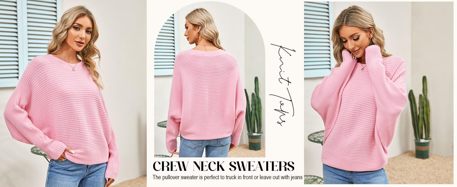 Saodimallsu Womens Oversized Crewneck Sweater Batwing Puff Long Sleeve Cable Slouchy Pullover Jumper Tops Fit Elegant Casual Elastic