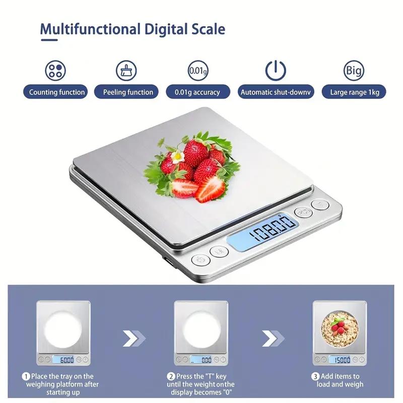 1 Set Stainless Steel Electronic Scale with 2pcs Trays, Portable Accurate Weight Measurement with LCD Display, Measuring Utensils for Kitchen Baking and Jewelry, Digital Kitchen Scale