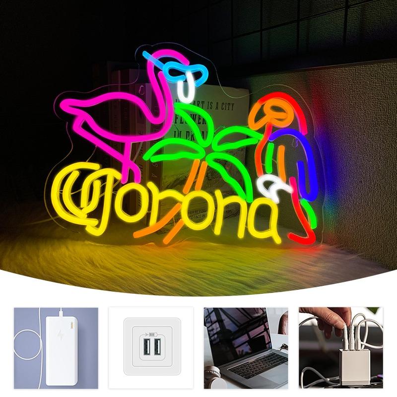 Flamingo and Parrot Coronet Neon Sign for Wall Decor Beer Bar LED Man Cave Neon Light USB Powered Neon Art Signs Decor Gifts