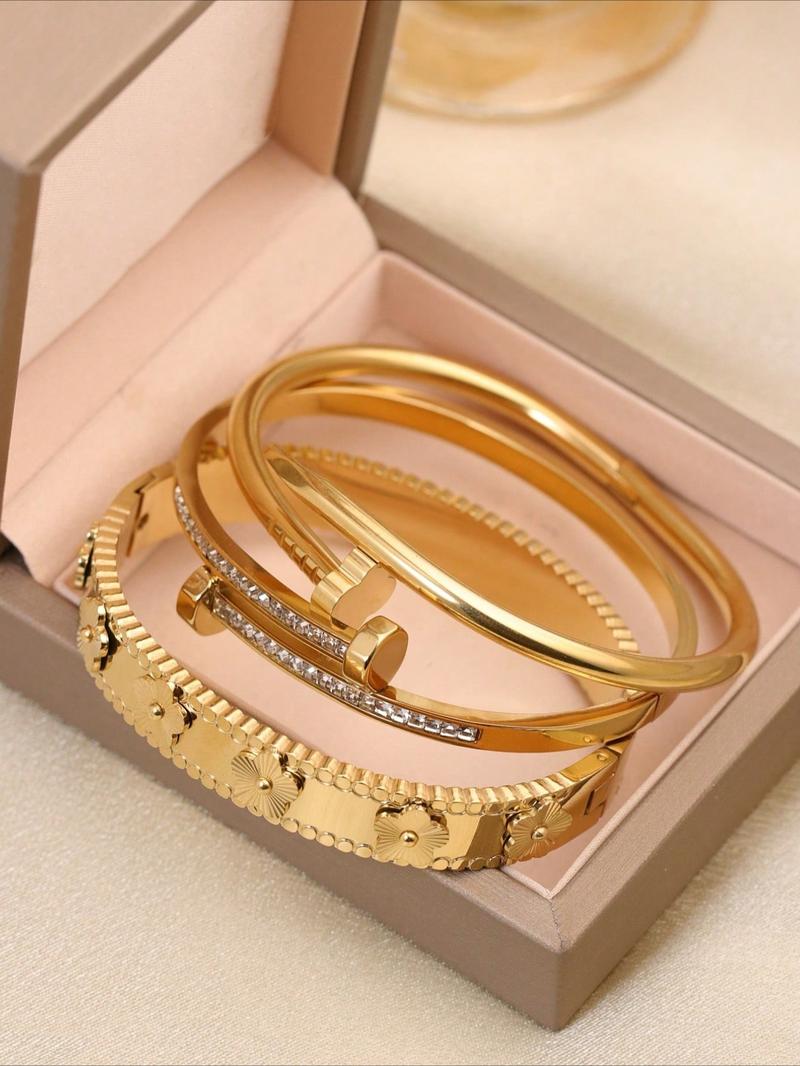 3 Pcs 18K Gold-Plated Stainless Steel High Quality Bracelet, Luxurious Cubic Zirconia Exquisite Trendy Bracelet, Suitable for Daily Wear and Women's Gatherings, Wedding Jewelry Gifts for Women and Girls