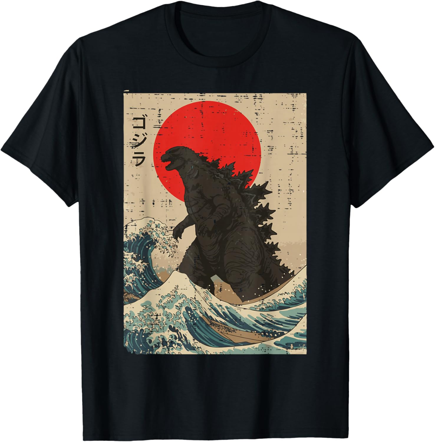 Men's Classic Oversize Retro Graphic T-Shirt - Godzilla Ukiyo-e Ocean Wave Print, Breathable Traditional Cotton Fabric, Unisex Kaiju Fusion Streetwear for Big & Tall Short-Sleeve Top