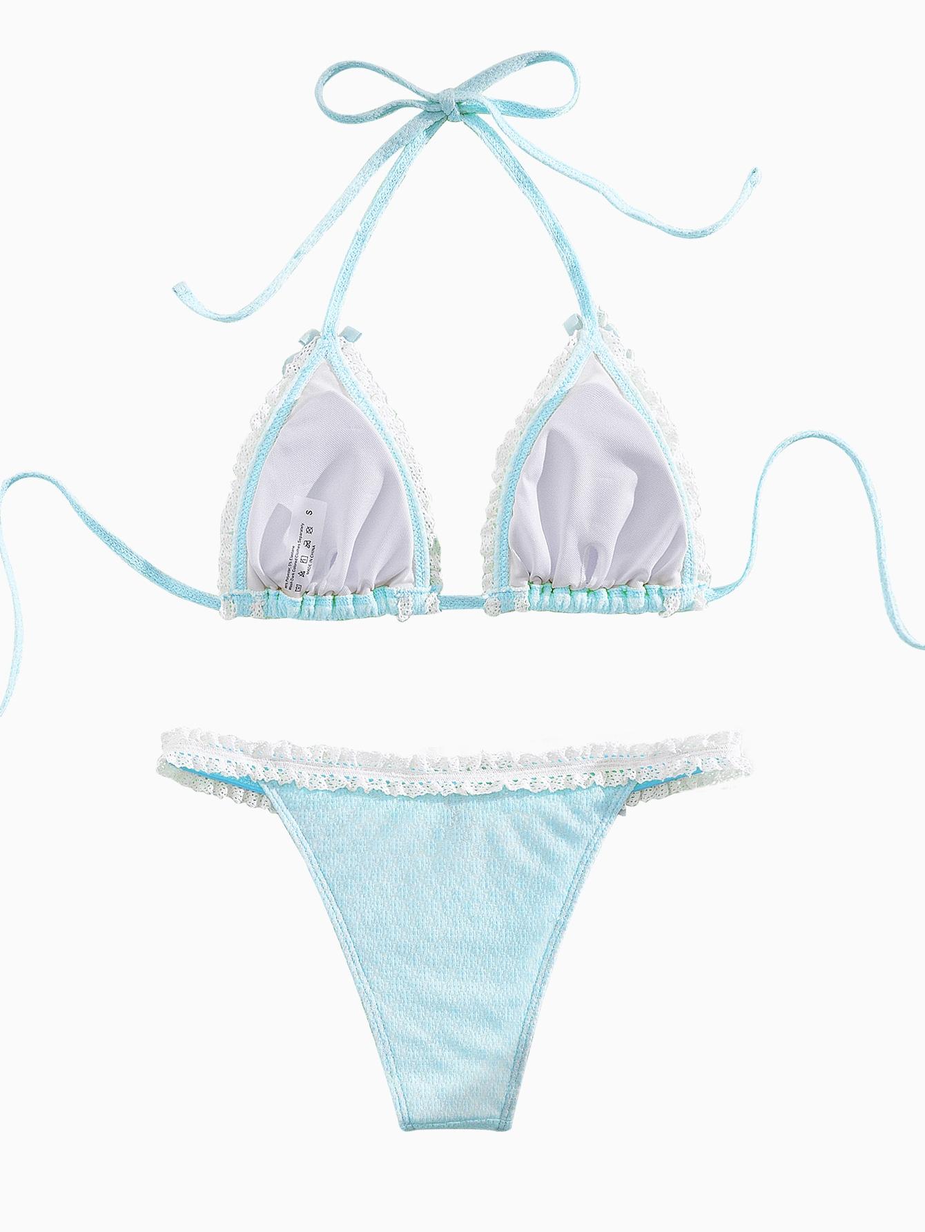 Two-Piece Set Women's Contrast Lace Bow Decor Bikini Set, Casual Tie Back Swim Bra & Swim Bottoms, Ladies Swimsuit for Beach Vacations, Summer Halter Bathing Suit