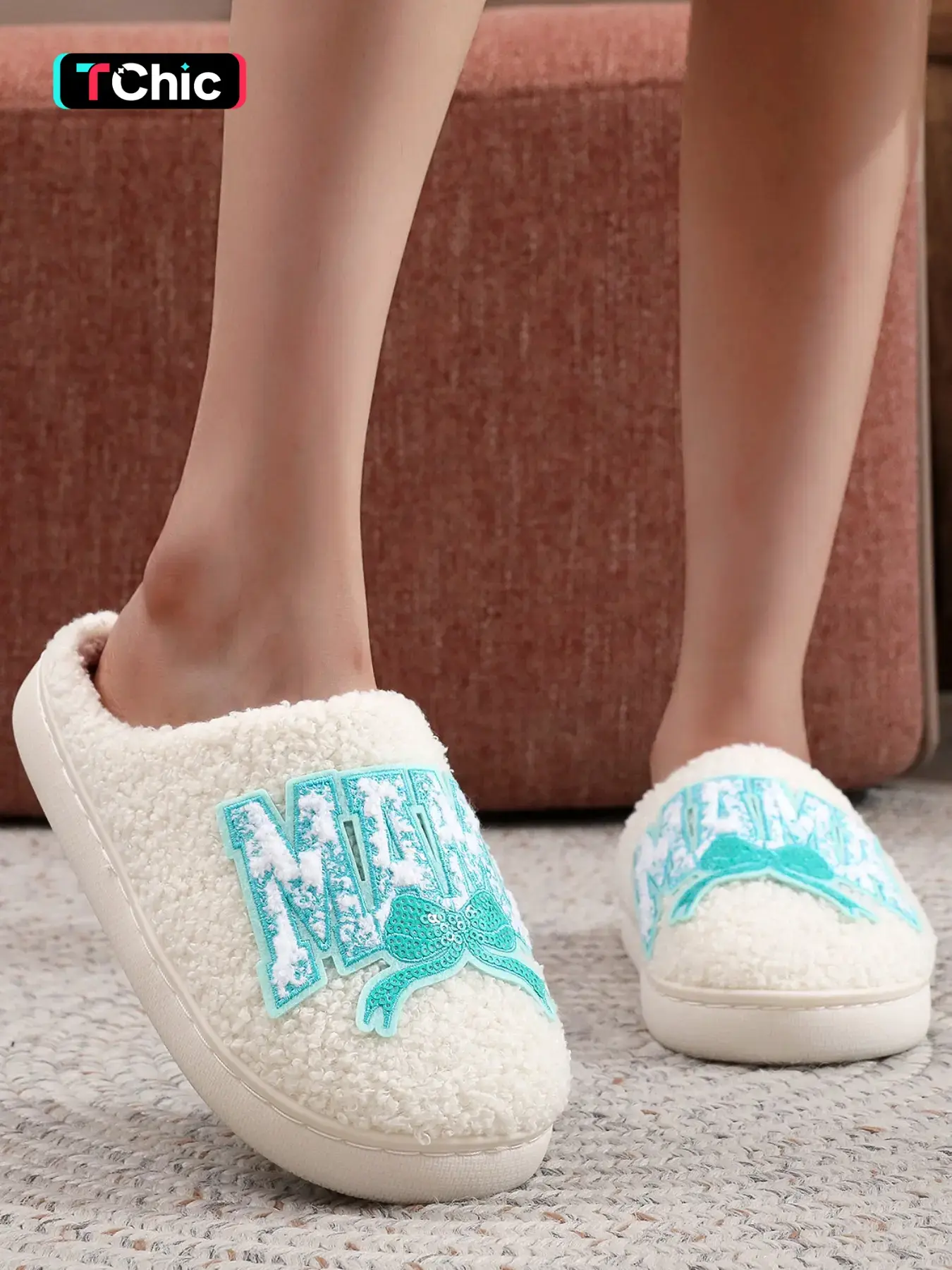 Women's Mama Bow Soft Plush Slippers, Sequin Letter Embroidered Warm Indoor Outdoor Shoes, Fall Winter Gift Idea Footwear, Trendy Casual Slippers, Bow Knot Slippers, Fluffy House Slippers