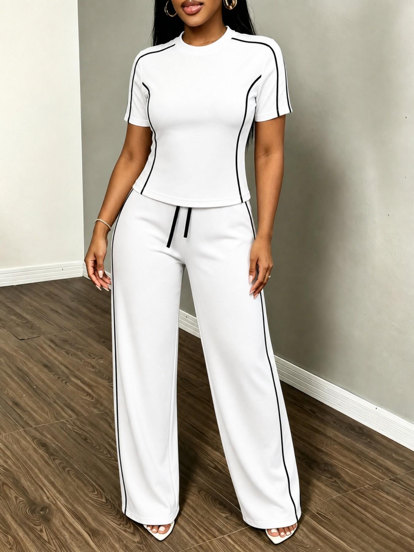 Women's Spring Summer Sporty Two-Piece Set, Fitted Round Neck T-Shirt & Wide Leg Pants, Casual Outdoor Wear, Multiple Colors Available, Sports Activewear Set