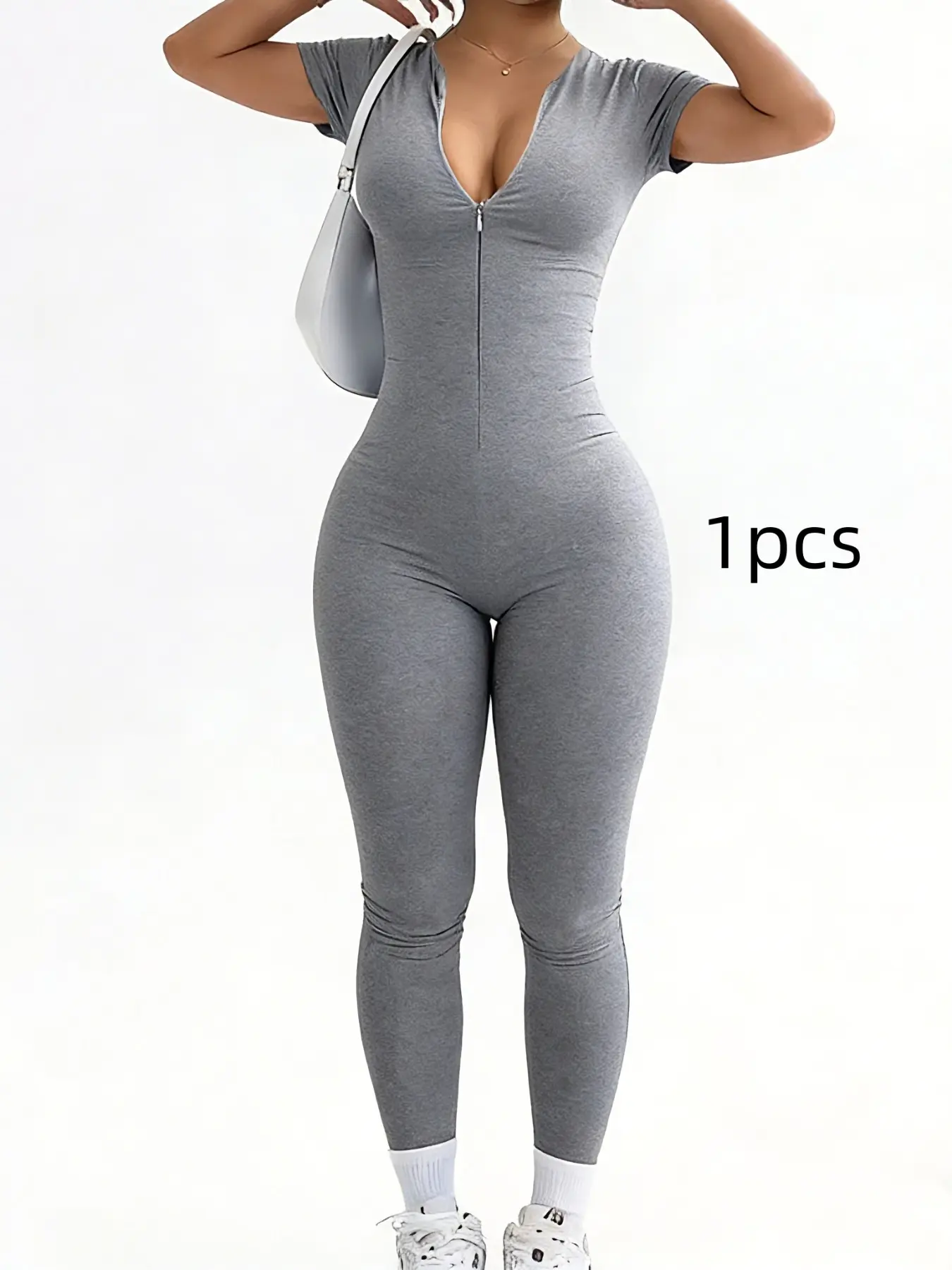 Pure Color Tight Fit Invisible Zipper Fashion Aesthetic Sexy Short Sleeve Long Pants Jumpsuit, Casual Style All-Season Solid Pattern Womenswear