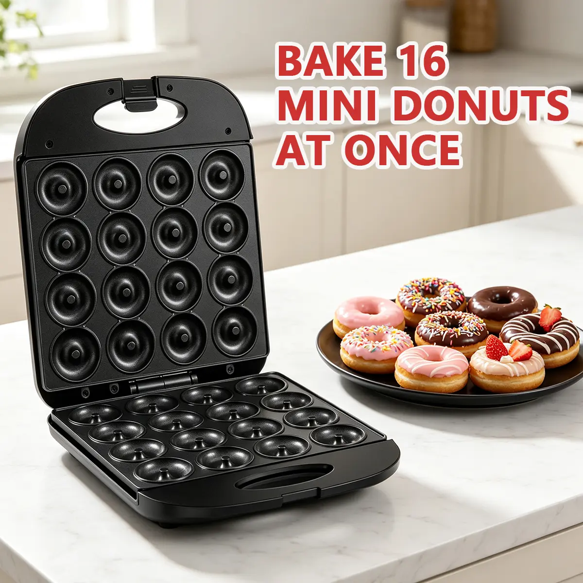 16-Cavity Mini Multifunctional Donut & Pancake Maker, Dual-Sided Heating, Accurate Temperature Adjustment, Household Kitchen Small Appliance for Daily Breakfast & Home Baking