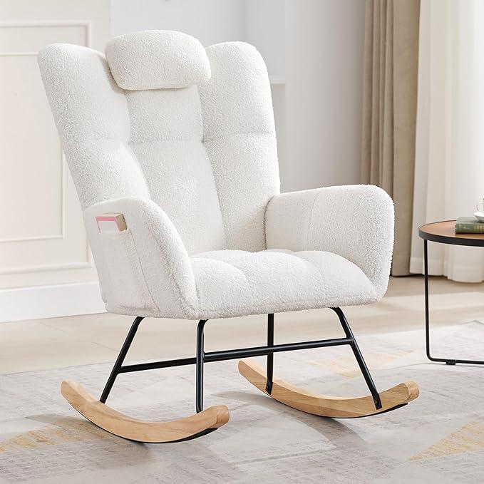 Nursery Rocking Chair, Teddy Upholstered Glider Rocker with Padded Seat and High Backrest, Comfy Accent Armchair for Baby Room or Living Room Nursery Rocking Chair, Teddy Upholstered Glider Rocker with Padded Seat and High Backrest, Comfy Accent Armchair for Baby Room or Living Room
