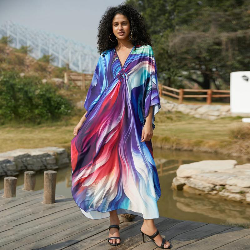 Bsubseach Women Ethnic Print Kaftan Beach Dress Plus Size Swimsuit Cover Up