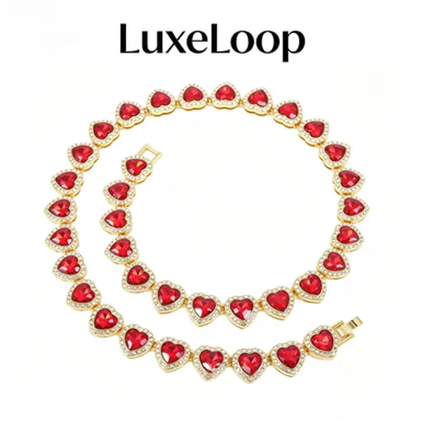 LuxeLoop Colorful Heart Tennis Chain, Vibrant Red Green Blue Heart Shape Cubic Zirconia Necklace & Bracelet, Gold Tone Sparkly Iced Out Stackable Jewelry, Y2K Hip Hop Unisex Statement Accessory Gift for Men Women,feminine,trendy